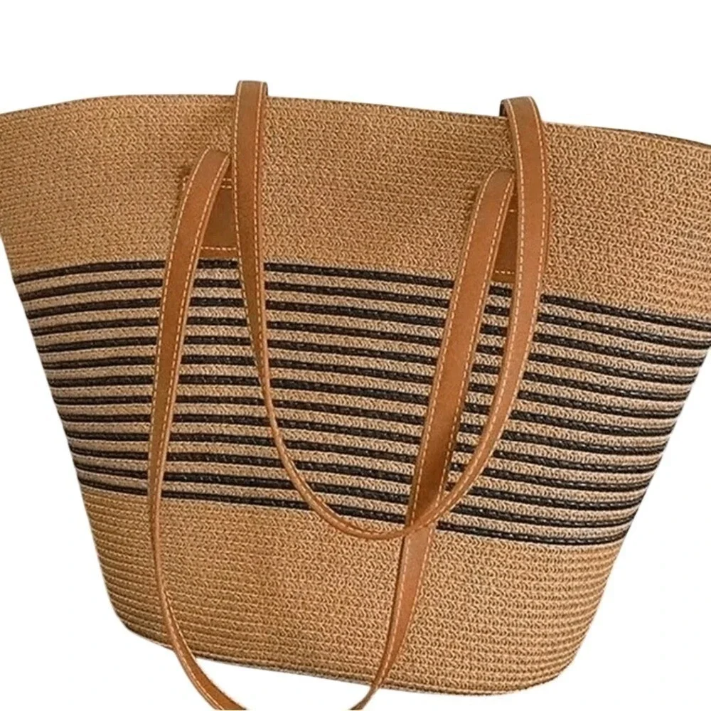 Straw Tote Bag and Wide Brim Sun Hat Set Striped‎ Beach Vacation